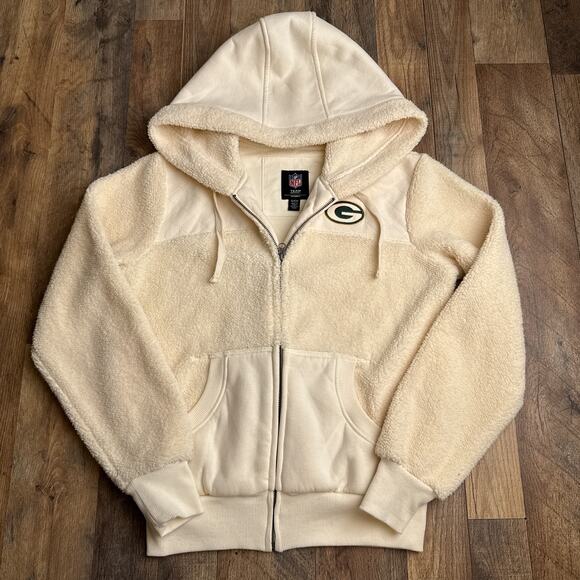 Green Bay Packers‎ Fleece Jacket Women's Small Beige Hooded Sherpa Embroidered - Picture 1 of 9